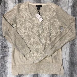 White House Black Market cream, beige & silver metallic print sweater size small